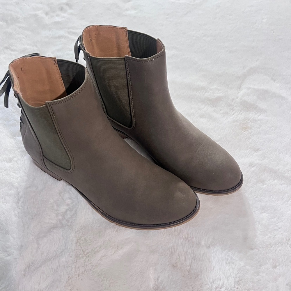 Olive Green Chelsea Ankle Boots Lace Up Detail Back Womens Casual